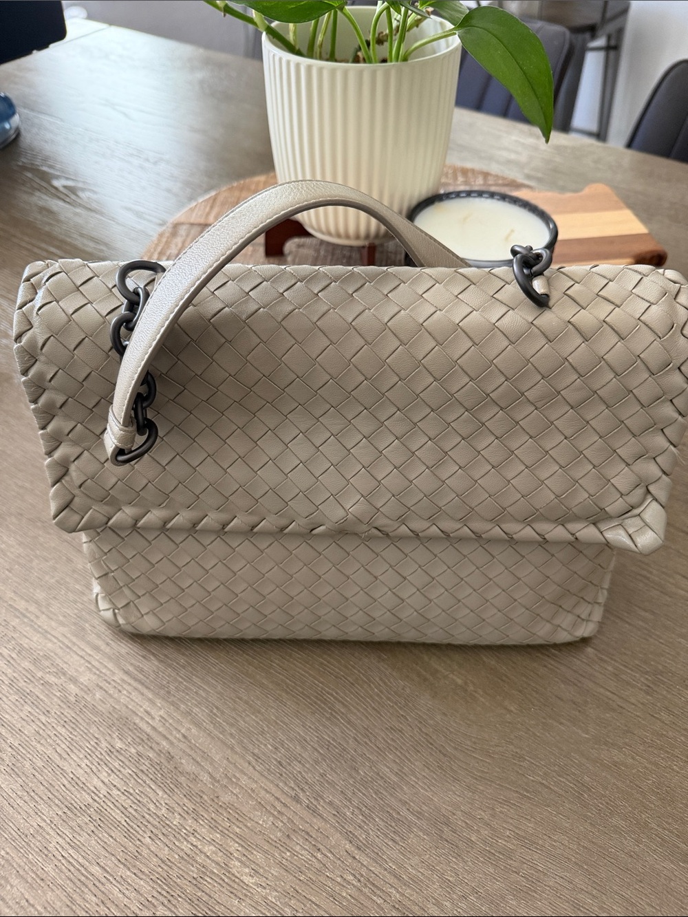 Authentic Bottega Veneta -Olimpia Woven Leather Shoulder Bag in Light Taupe